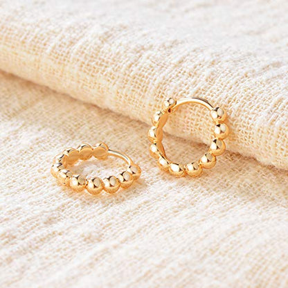Huggie Hoop Earrings 14K Gold Plated Cubic Zirconia Dainty Simple Cute Beads Elegant CZ Circle Small Hoop Earring for Women Minimalist Handmade Hypoallergenic Jewelry - color: Beaded