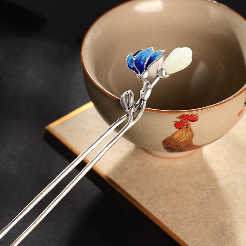 S925 Silver Plated Jingde Blue with Jade Hairpin Chinese Hanfu Style Hair Sticks Retro Handmade Hair Clip for Women Girls Long Hair - color: Lotus Butterfly