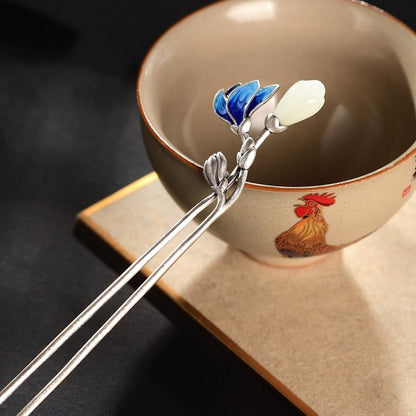 S925 Silver Plated Jingde Blue with Jade Hairpin Chinese Hanfu Style Hair Sticks Retro Handmade Hair Clip for Women Girls Long Hair - color: Lotus Butterfly
