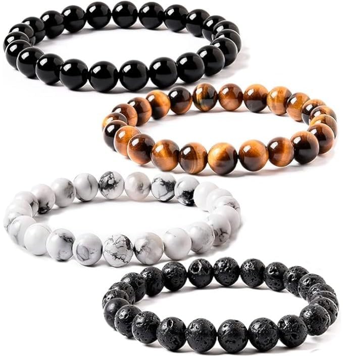 WFJ Black Obsidian Hematite Triple Protection Bracelets Set - Tiger Eye Beaded Natural Stone Bracelet for Men Women Gemstone (10MM) - color: Tiger's Eye Set of 4