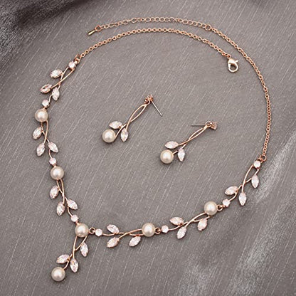 Luxury Cubic Zirconia Aurtrian Crystal Pearl Floral Necklace Dangle Earrings Wedding Bridal Jewelry Set Birthday Gifts for Her - color: Style1-Clear-Rose Gold Plated