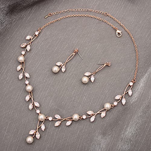 Luxury Cubic Zirconia Aurtrian Crystal Pearl Floral Necklace Dangle Earrings Wedding Bridal Jewelry Set Birthday Gifts for Her - color: Style1-Clear-Rose Gold Plated