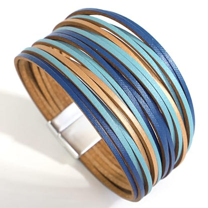 Fesciory Leather Wrap Bracelets for Women, Boho Western Layered Jewelry | Layered leather cuff bracelets, Easy on and off, Boho western style, Daily wear, Gift for women - color: Blue 4
