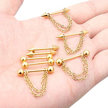 316L Surgical Steel Chain Dangle Nipple Shield Rings 14G Nipplering Barbell Piercing Jewelry for Women Men - color: Gold-tone/4Pr
