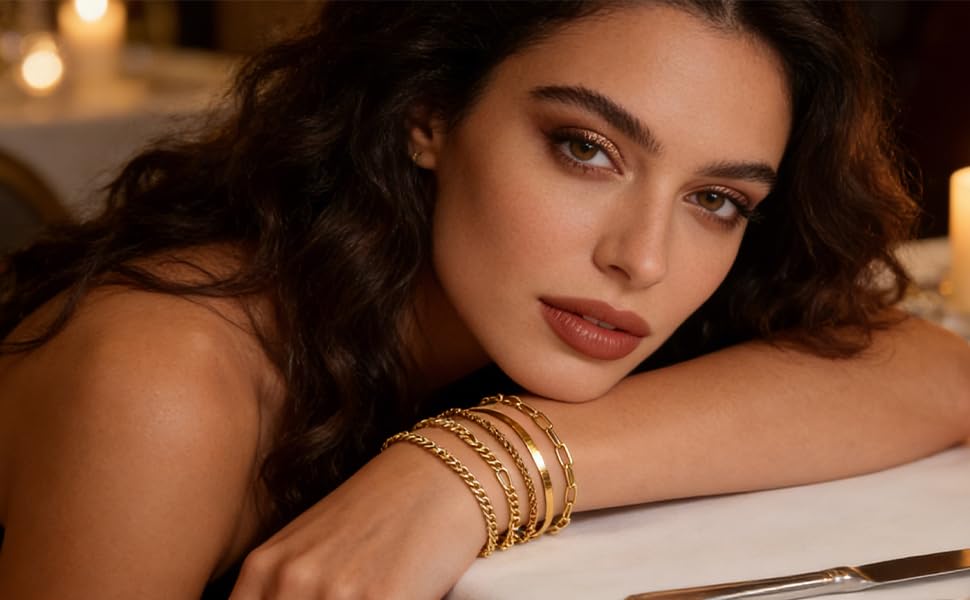Alegend 14K Gold Plated Stackable Multilayer Bracelets + Titanium Steel(Not Rust, Resist Corruption, Easily Clean) 18K Gold Plated Single Bracelets - color: 14K Gold Plated Five-Layered