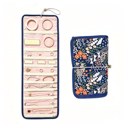 Embroidery Jewelry Roll Organizer Travel Jewelry Storage Roll Case Foldable Small Jewelry Pouch Jewelry Roll up Bag for Journey Rings, Necklaces, Earrings, Bracelets (Navy Blue) - color: Navy Blue