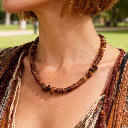 Tiger Eye Brown Wooden Beaded Layered Pendant Necklace for Women Men, Healing Crystal Natural Stone Blessing Women Necklaces Protection Fashion Jewelry Gift - color: Brown