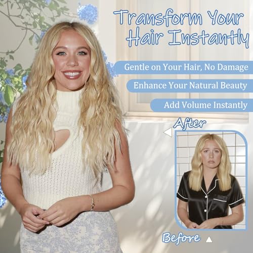 Beige Blonde Halo Hair Extensions with Light Blonde Highlights | 20 Inch Wavy Synthetic Fiber with Invisible Wire and 4 Secure Clips for Easy Daily Styling and Party Wear - color: Blonde Highlights