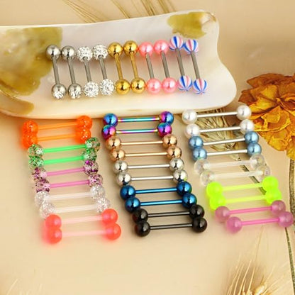 Suotarn 40pcs 14G Mix-Color Stainless Steel Straight Barbell Tongue Rings Bars Piercing 5/8" Length Acrylic Glow In Dark Flexible Retainer Body Jewelry For Women Men