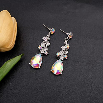 CSY Elegant Crystal Costume Jewelry Sets Flower Bridal Necklace Earrings Stretch Bangle Set for Bride Bridesmaid Wedding Dress Accessories - color: AB crystal