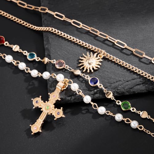 MODRSA Gold Stacked Layered Necklaces for Women Pearl Pendant Charm Cross Lariat Slip Shell Starfish Y Chain Necklace Adjustable Silver Boho Jewelry Gifts for Women Summer Vacation Beach Accessories - color: A1- Layered cross pearl - Gold