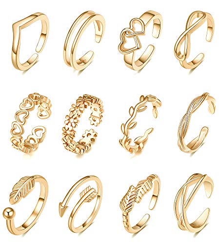 TOBENY 12PCS Gold Toe Rings for Women Non Tarnish Adjustable Open Set | Rose Black Waterproof Toe Ring Set, Sterling Silver Toe Rings, Flower Arrow Tail Band, Dainty Summer Beach Foot Jewelry - color: B-Gold