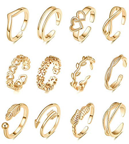 TOBENY 12PCS Gold Toe Rings for Women Non Tarnish Adjustable Open Set | Rose Black Waterproof Toe Ring Set, Sterling Silver Toe Rings, Flower Arrow Tail Band, Dainty Summer Beach Foot Jewelry - color: B-Gold