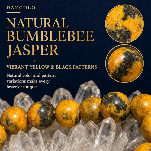 8mm Natural Crystal Stretch Bracelet | Handmade Round Stone Bead Bracelet, Runs Large, Meditation Yoga Gift for Women & Men - color: Bumblebee Jasper