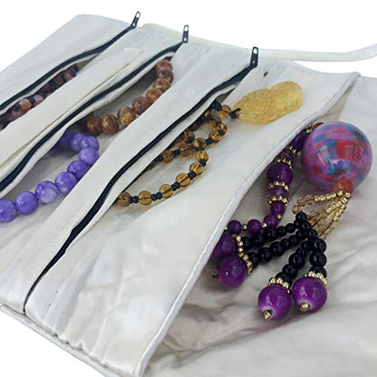 Travel Jewelry Roll Bag - Silk Embroidered Brocade Pouch for Rings, Necklaces, Earrings, Bracelets | Lightweight & Tie Closure (White) - color: White