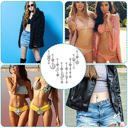 Hicarer 8 Pieces 14G Belly Button Rings Steel Long Dangle Navel Ring CZ Body Piercing Jewelry - color: Silver