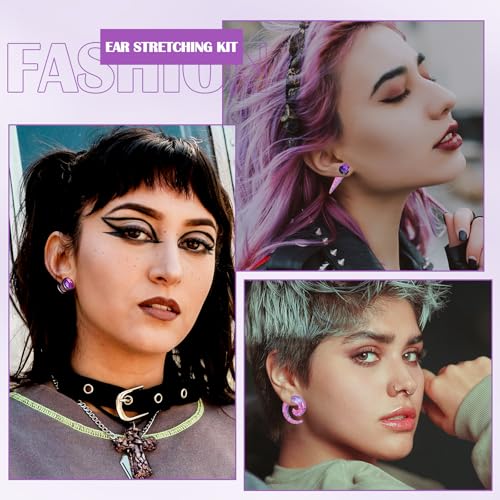 54/102Pcs Ear Stretching Kit 14G-00G Acrylic Ear Gauge Stretching Kit with Heart Plugs Gauge Tapers Ear Tunnels Horseshoes Taper Spiral Tapers Gauges Ear Expanders for Men Women - color: Pink & Purple