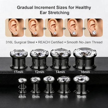 ZS 316L Stainless Steel Screw-Fit Ear Tunnel AAA+ Cubic Zirconia Ear Gauges | External Threaded Flesh Tunnels Plugs Ear Expander Stretcher Piercing Jewelry for Women Men - color: Black, size: 1/2"(12mm)