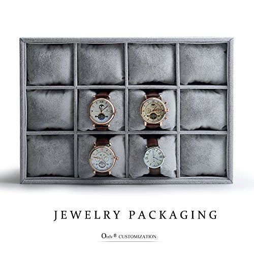 Oirlv Grey Velvet 12 Grid Watch Bracelet Bangle Jewelry Organizer Tray | 12 compartments with removable velvet pillows,stackable, fits in most drawers and dresser,open top for instant access - size: 12 Grid Tray with Pillow