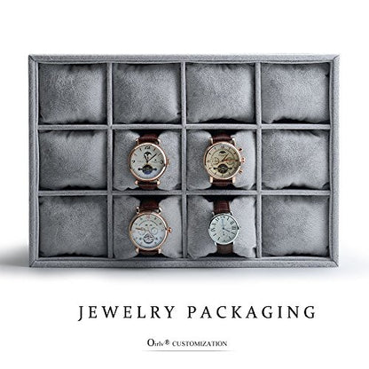 Oirlv Grey Velvet 12 Grid Watch Bracelet Bangle Jewelry Organizer Tray | 12 compartments with removable velvet pillows,stackable, fits in most drawers and dresser,open top for instant access - size: 12 Grid Tray with Pillow