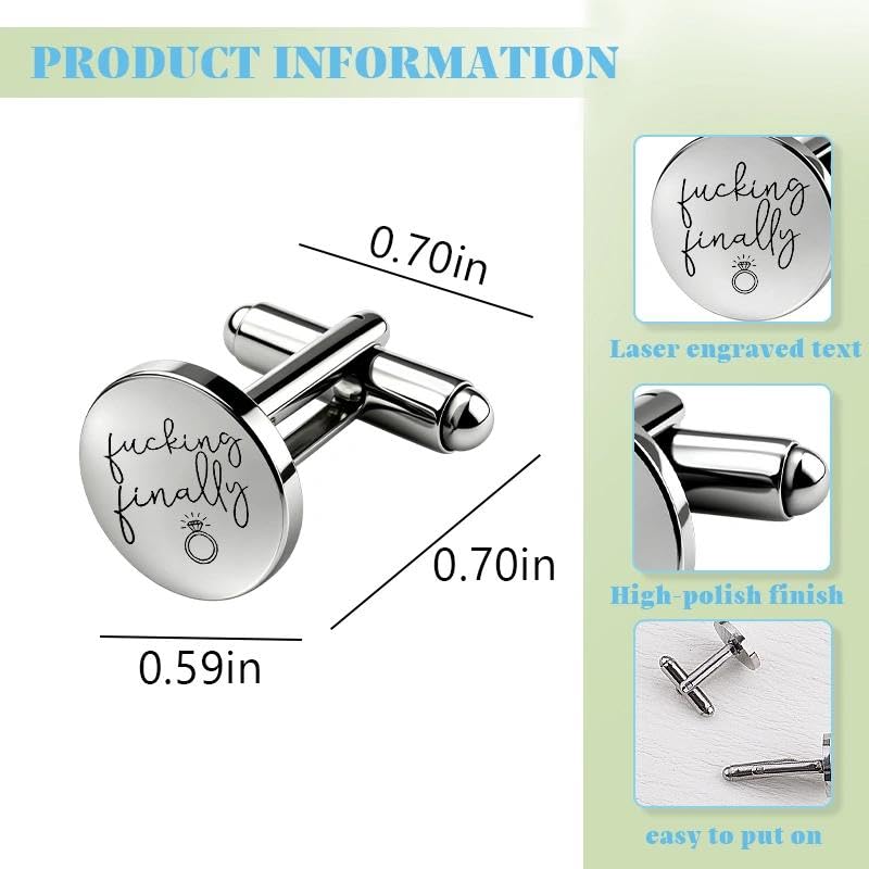 Silver Cufflinks for Men Wedding Engagement Gifts for Him Cuff Links 2Pcs Round Stainless Steel Engraved Cufflink for Shirt - color: Fucking Finally