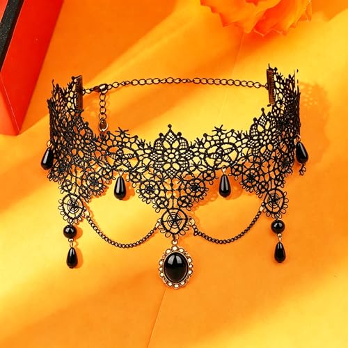 coadipress Gothic Lace Choker Necklace for Women Crystal Royal Court Vampire Choker Gothic Necklace Retro Handmade Halloween Gifts