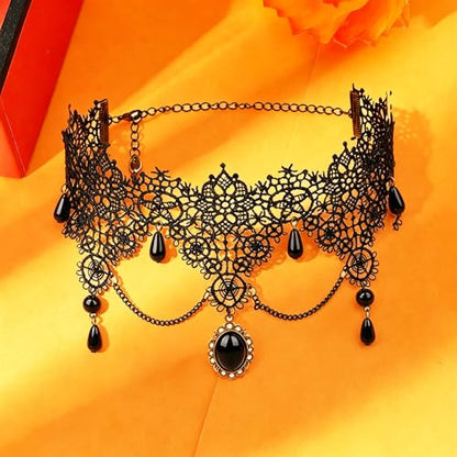coadipress Gothic Lace Choker Necklace for Women Crystal Royal Court Vampire Choker Gothic Necklace Retro Handmade Halloween Gifts