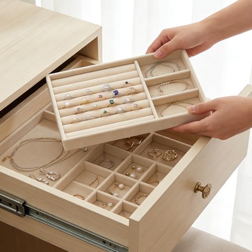 16 Pack Velvet Jewelry Trays for Drawers, Stackable Jewelry Organizer Trays with Dividers, 8.3 x 5 in Drawer Inserts for Rings Necklaces Earrings Bracelets, Beige