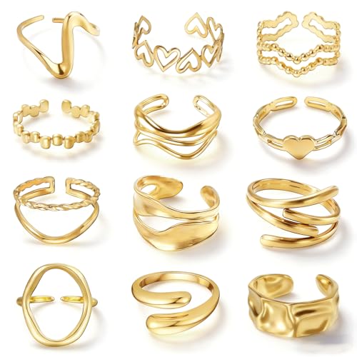 12PCS Gold Chunky Rings for Women Non Tarnish 18K Gold Plated Thick Round Adjustable Stackable Rings Open Stacking Knuckle Statement Ring Set Gifts