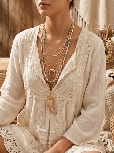 Dainty Layered Chain Necklace Horn Moon Disk Pendant Necklace Bohemian Beaded Charms Necklace