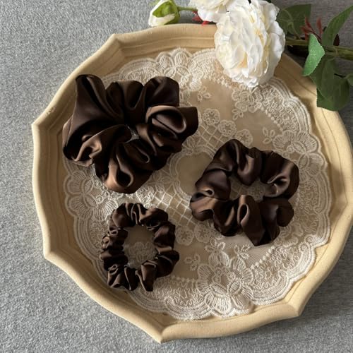 3 Pieces Satin Scrunchies Set for Hair No Crease Elastic Hair Ties for Women and Girls (Dark Brown) - color: Dark Brown