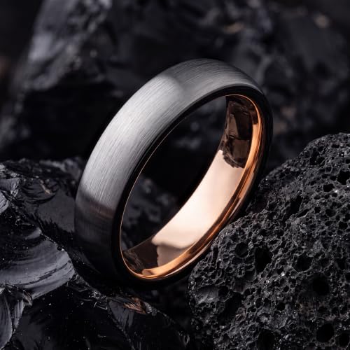 Tungsten Wedding Band Ring 10mm 8mm 6mm 4mm for Men Women 18k Rose Gold Plated Dome Black Grey Brushed Polished - color: 2 Rose Gold Black Grey Tungsten
