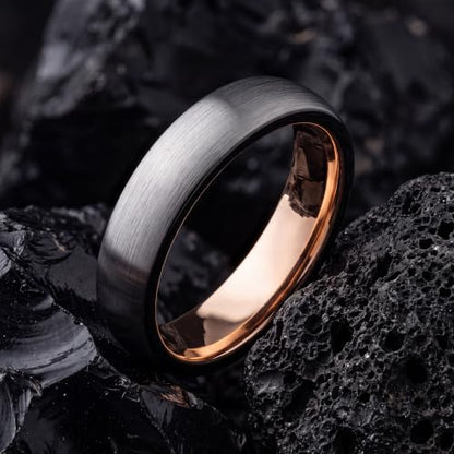 Tungsten Wedding Band Ring 10mm 8mm 6mm 4mm for Men Women 18k Rose Gold Plated Dome Black Grey Brushed Polished - color: 2 Rose Gold Black Grey Tungsten