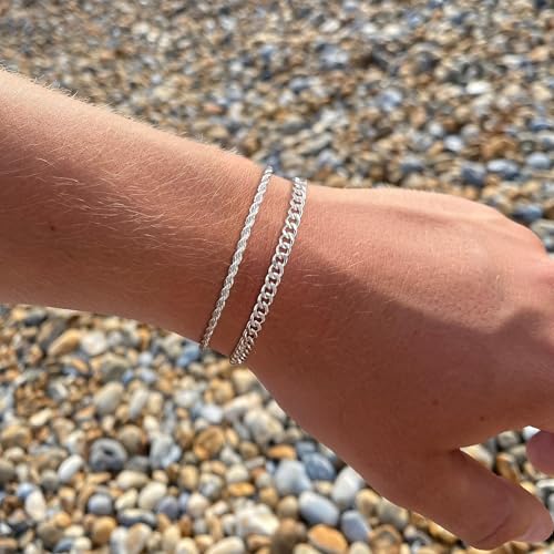 S925 Sterling Silver 6mm Cuban Link Chain Bracelets for Men,2.5mm Rope Chain Mens Bracelet Set for Men's&woman,Trendy hip-hop stacking Chain Gift Boyfriend/Girlfriend,Non Tarnish Hypoallergenic - style: Silver Rope chain + Cuban link