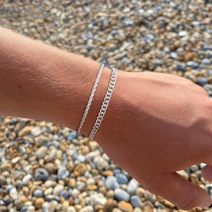 S925 Sterling Silver 6mm Cuban Link Chain Bracelets for Men,2.5mm Rope Chain Mens Bracelet Set for Men's&woman,Trendy hip-hop stacking Chain Gift Boyfriend/Girlfriend,Non Tarnish Hypoallergenic - style: Silver Rope chain + Cuban link