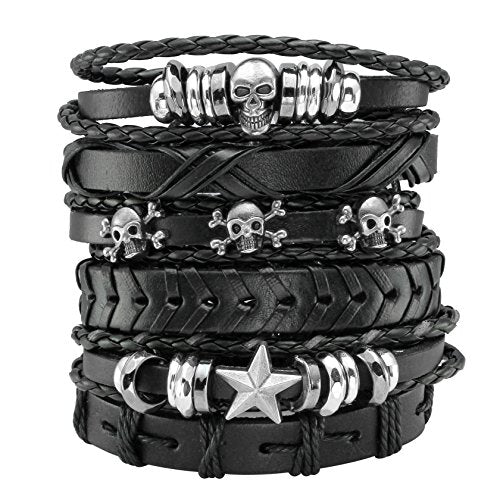 6Pcs Men Braided Leather Bracelet Black Punk Rock Skull Bracelet - color: A: Black