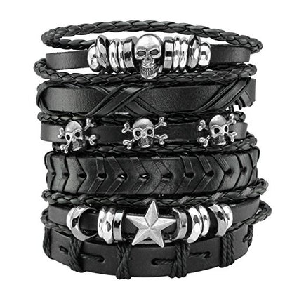 6Pcs Men Braided Leather Bracelet Black Punk Rock Skull Bracelet - color: A: Black