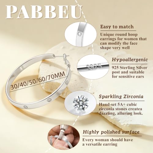5MM Wide 925 Sterling Silver Post Hoop Earrings Hypoallergenic Lightweight | Sparkly 14K Gold Plated Large Rhinestone Hoop Earrings Big Cubic Zirconia Earring Hoops for Sensitive Ears 30/40/50/60/70MM - color: 50mm Silver