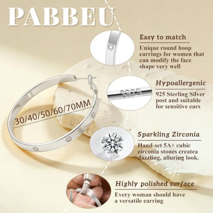 5MM Wide 925 Sterling Silver Post Hoop Earrings Hypoallergenic Lightweight | Sparkly 14K Gold Plated Large Rhinestone Hoop Earrings Big Cubic Zirconia Earring Hoops for Sensitive Ears 30/40/50/60/70MM - color: 60mm Silver