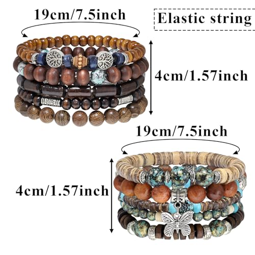 10 Pcs Stackable Bohemian Beaded Bracelets for Women Men, Nature Tree Butterfly Turquoise Wooden Beads Stretch Boho Bracelets Handmade Boho Hippie Western Chic Earthy Jewelry Gift - color: Brown Bamboo Joint