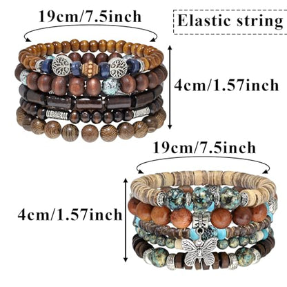 10 Pcs Stackable Bohemian Beaded Bracelets for Women Men, Nature Tree Butterfly Turquoise Wooden Beads Stretch Boho Bracelets Handmade Boho Hippie Western Chic Earthy Jewelry Gift - color: Brown Bamboo Joint