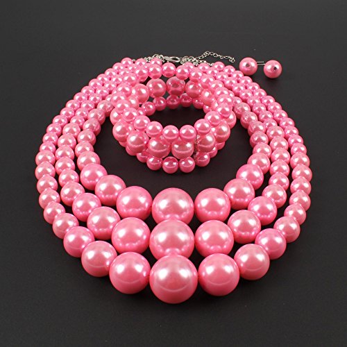 KOSMOS-LI Women's 3 Layer Simulated Pearl Statement 18" Necklace Bracelet and Earrings Jewelry Set Stocking Stuffers - color: pink