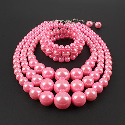 KOSMOS-LI Women's 3 Layer Simulated Pearl Statement 18" Necklace Bracelet and Earrings Jewelry Set Stocking Stuffers - color: pink