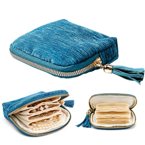 1 PCS Peacock Blue Travel Jewelry Case Organizer, Portable Travel Jewelry Organizer, Jewelry Pouch for Journey Rings Crystal Bracelet Organizer with Tassel Zipper