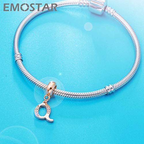 EMOSTAR Letter Charms Initial A-Z Alphabet Beads, Rose Gold 925 Sterling Silver Dangle CZ Birthstone Pendant, Gifts for European Charm Bracelet/Mothers Day/Birthday - color: Letter Q