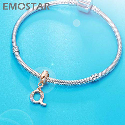 EMOSTAR Letter Charms Initial A-Z Alphabet Beads, Rose Gold 925 Sterling Silver Dangle CZ Birthstone Pendant, Gifts for European Charm Bracelet/Mothers Day/Birthday - color: Letter Q