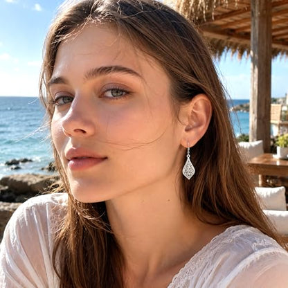 BOUTIQUELOVIN Filigree Dangle Earrings for Women Drop Earings | 14K Gold Plated Geometric Dangling Leverback Earrings Silver Hypoallergenic Dangly Earings Lightweight Daily Jewelry Gifts - color: C-Silver