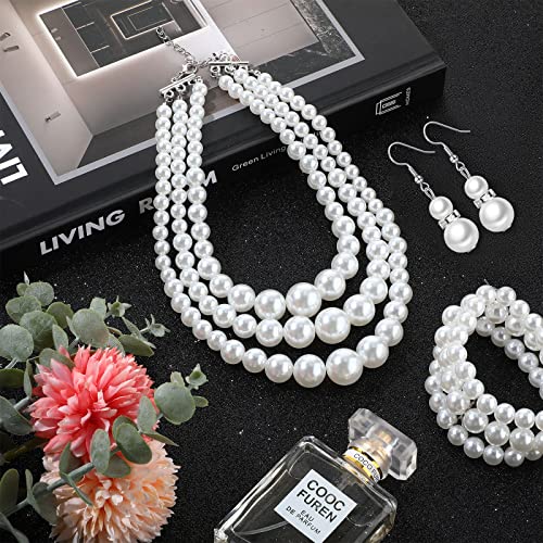 Haysandy Pearl Jewelry Set for Women 20s Jewelry Gift | Retro Layered Necklace Bracelet Earring, Costume Accessories for Derby Wedding Prom Party, Dress Matching Occasions - color: White
