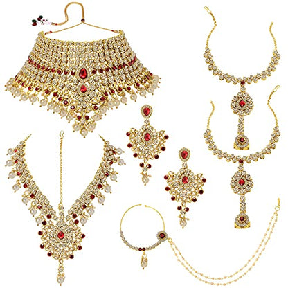 Aheli Bollywood Style Indian Bridal Choker Necklace Matha Patti Nose Ring Haath Phool Wedding Fashion Bharatanatyam jewellery set for Women - color: Champagne-Red