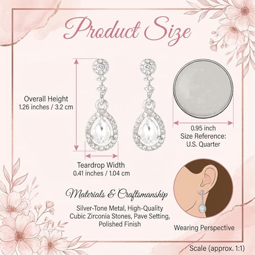 Silver Diamond Dangle Earrings for Women with Teardrop Crystal Rhinestone Drop Dangling Wedding Earring